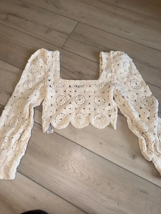 Zara Cream Crochet Square-Neck Puff Sleeve Crop Top - Picture 7 of 8